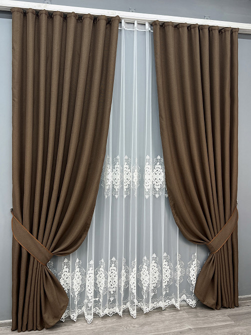 Комплект штор VR-Textil Лен Мешковина 200х270 2шт и Тюль 500х270 277ш-1843т Коричневый с молочным 71-187/6 Киев - изображение 2