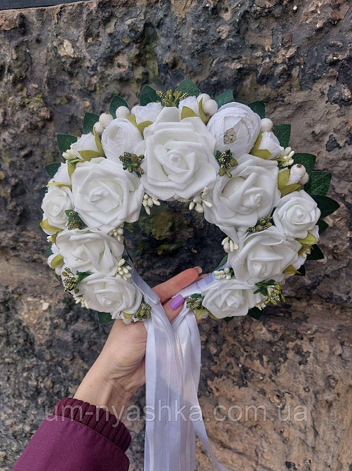 Білий віночок Ободок обруч з квітами "Сценічний білий" зі стрічками Кривий Ріг - фото 7