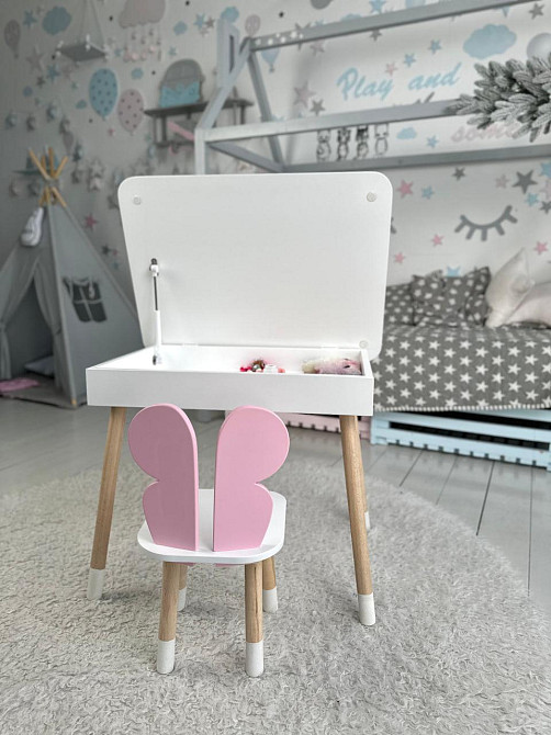 Дитячий столик білий і стільчик метелик рожевий. Столик із нішею для олівців і розмальовок Київ - фото 10