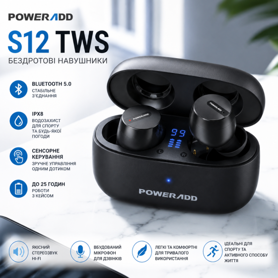 Беспроводные наушники Poweradd S12 TWS Bluetooth 5.0 спортивные влагозащищенные IPX8 с сенсорным управлением черные Киев