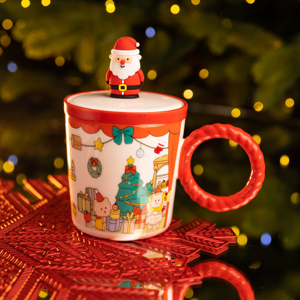 Yiwu Чашка порцелянова з кришкою Санта 400 (мл) Червона Yiwu FM-CS-36A Коломия - фото 1