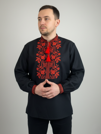 Чоловіча вишиванка чорного кольору на домотканому полотні Київ
