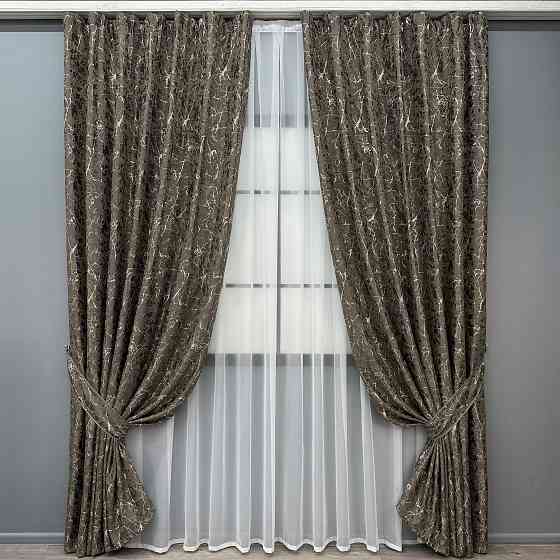 Комплект готових штор VR-Textil Льон мармур Royal Touch № 2008ш Сіро-коричневий 150х270 см 2 шт (33-1301) Київ