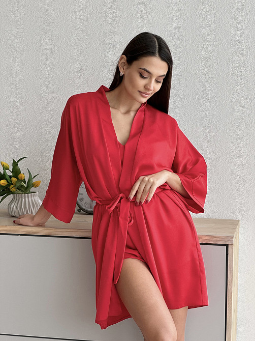 Халат женский сатиновый под пояс длина 90см Красный XS/S Харьков - изображение 9