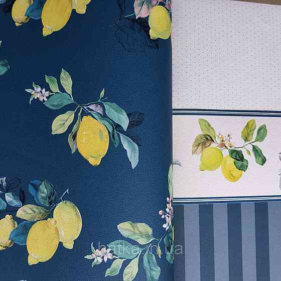 Шпалери вінілові на флізелін 0.53х10.05 Rasch Textil Petite Fleur 5 лимони жовті зелене на темно синьому Київ