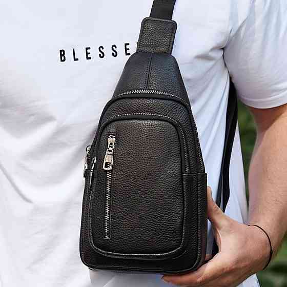 Чорна чоловіча сумка слінг з натуральної шкіри TIDING BAG Київ