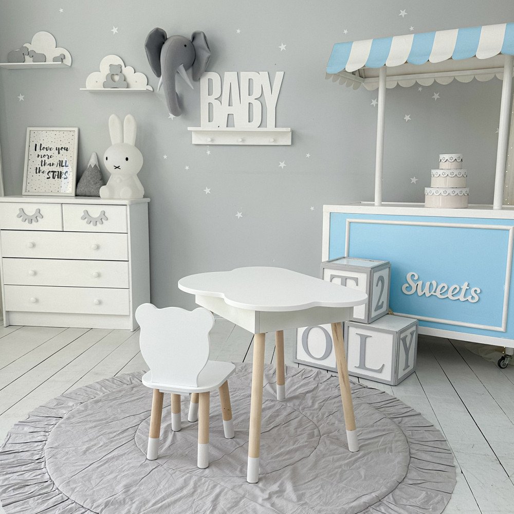 Столик хмаринка з нішею для речей 54х68х50 і стільчик спинка в формі медведика 26х26х24, стіл та стілець в дитячу кімнату, білий Кам'янське - фото 18