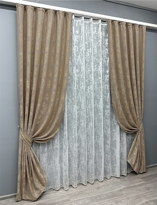 Комплект штор VR-Textil Жаккард Мрамор 100х270 2шт и Тюль 400х270 1207ш-1400т Капучино с белым 71-005/2 Киев - изображение 2
