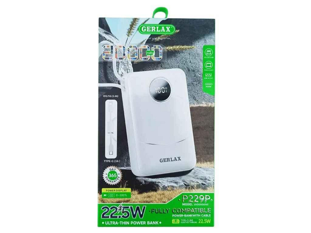 Power Bank 20000mAh P229P 3A/22.5W/PD20W/кабель 2в1(type-C/lightning) сірий ТМ Gerlax Київ - фото 1