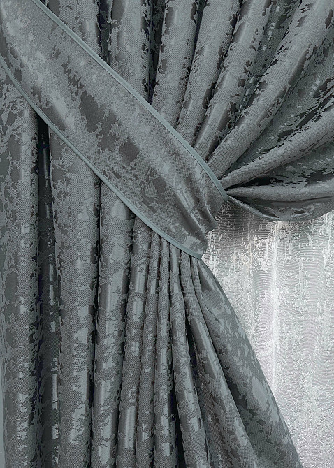 Комплект штор VR-Textil Льон Мармур 100х270 2шт і Тюль 400х270 1262ш-1400т Графітовий з білим 71-132/2 Київ - фото 4