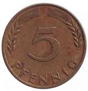 Дубовые листья. Монета 5 пфеннигов. 1948-89 год (J), ФРГ..(Г) Полтава