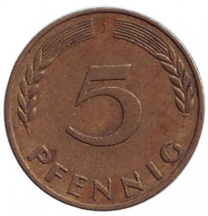 Дубове листя. Монета 5 пфенігів. 1948-89 рік (J), ФРН..(Р) Полтава - фото 1