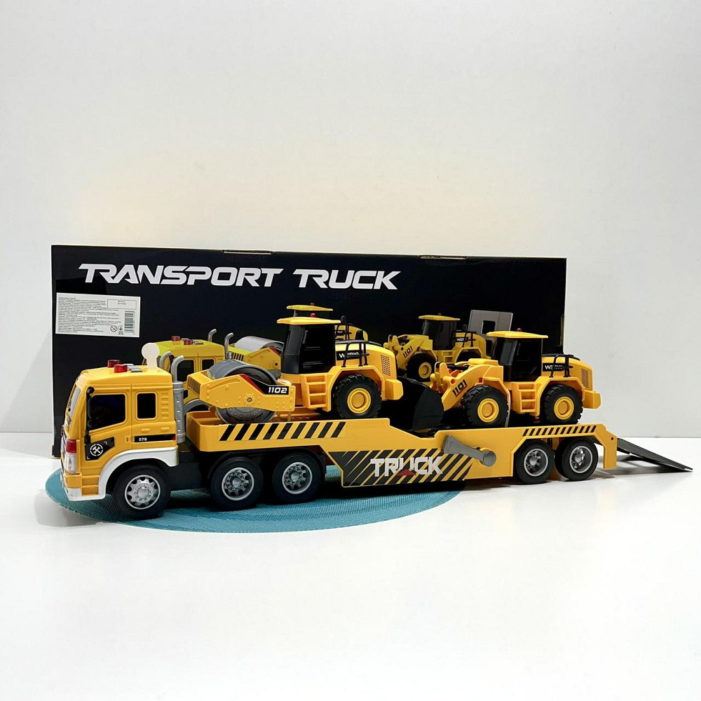 Трейлер будівельний автовоз 2 трактори підсвічування звукові ефекти рухомі деталі інерція гумові шини Жовтий (WY 578 C) Чернігів - фото 1