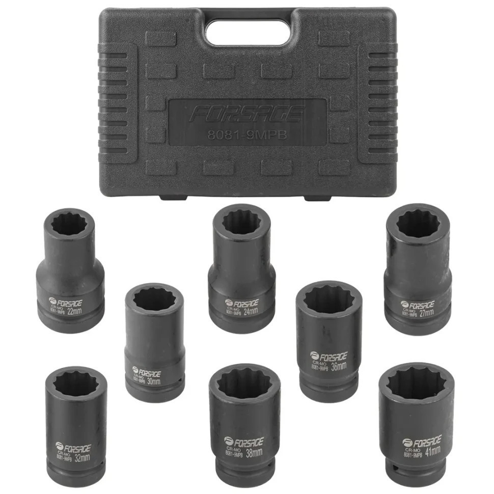 Набір головок ударних глибоких 8пр. 1" 12-гранна (22-41мм) Forsage F-8081-9MPB Одеса - фото 1