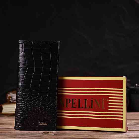 Привлекательный вертикальный мужской бумажник из натуральной кожи с тиснением под крокодила Черный (CANPELLINI) Киев