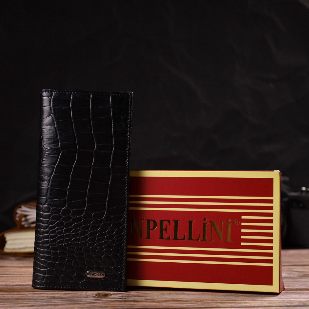 Привлекательный вертикальный мужской бумажник из натуральной кожи с тиснением под крокодила Черный (CANPELLINI) Киев - изображение 4