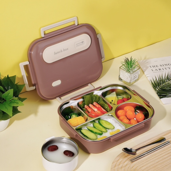Ланч-бокс для горячей и холодной еды с контейнером из нержавеющей стали,столовыми приборами и ёмкостью для супа, коричневый Каменец-Подольский