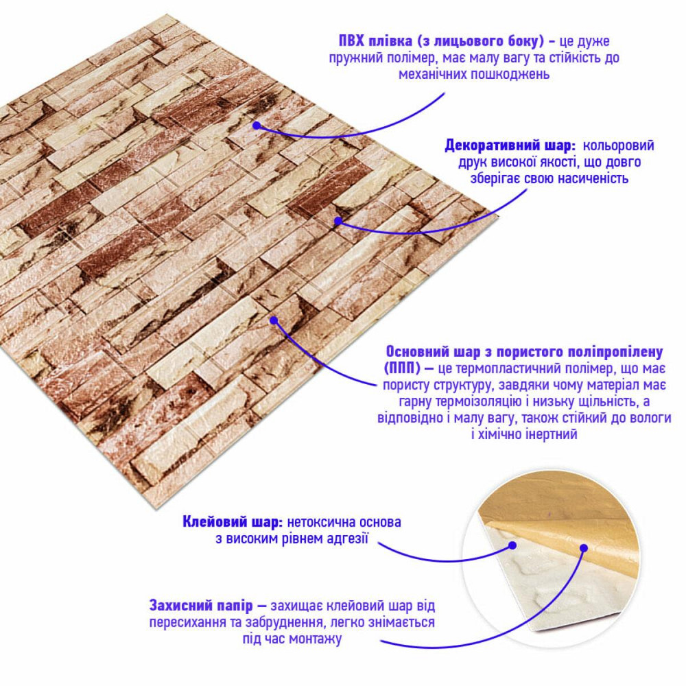 Самоклеющаяся 3D панель 700x770x5мм Бежевый Екатеринославский кирпич SW-00001375 Киев - изображение 2