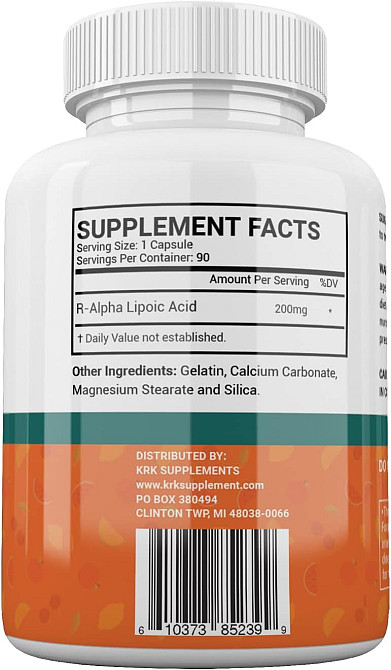 R-альфа-ліпоєва кислота Krk Supplements R-Alpha Lipoic Acid 200 mg 90 caps Луцьк - фото 2