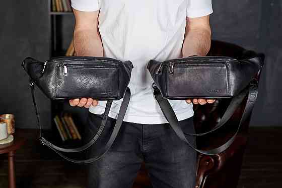 Стильна шкіряна сумка-бананка для телефону чорна Київ