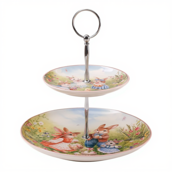 Этажерка для десертов Rabbit Family HP-7323-11 фарфоровая двухъярусная с декором Кролики 23х24 см Киев