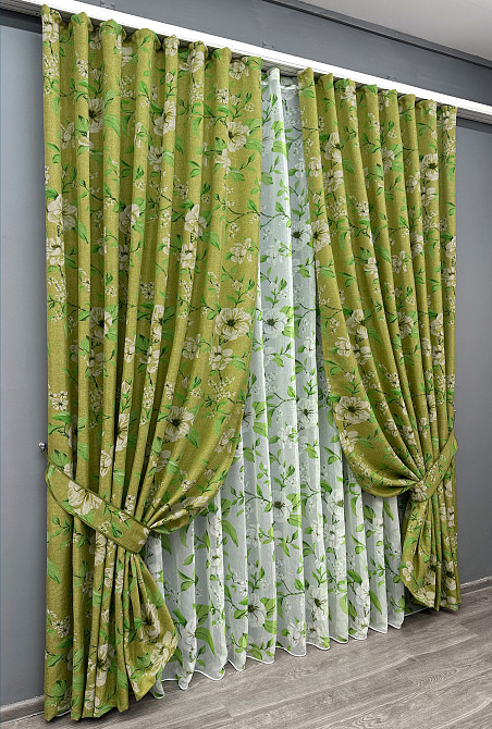 Комплект штор VR-Textil Лен Прованс 150х265 2шт и Тюль 500х265 1726ш-1809т Оливковый с белым 71-106/4 Киев - изображение 2