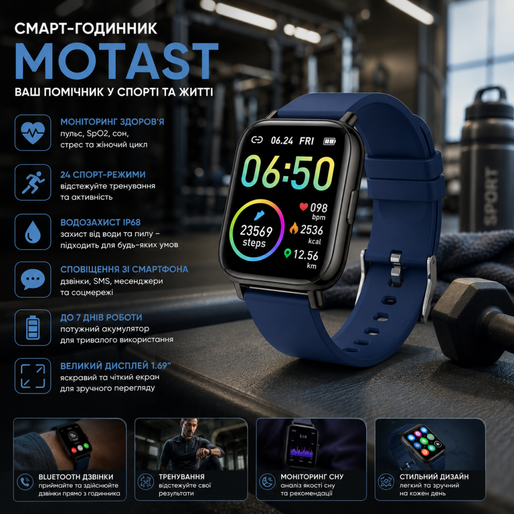 Смарт-годинник Motast 1.69" з пульсометром, SpO2 та 24 спорт-режимами, водонепроникність IP68, фітнес-трекер для iOS та Android Київ - фото 8