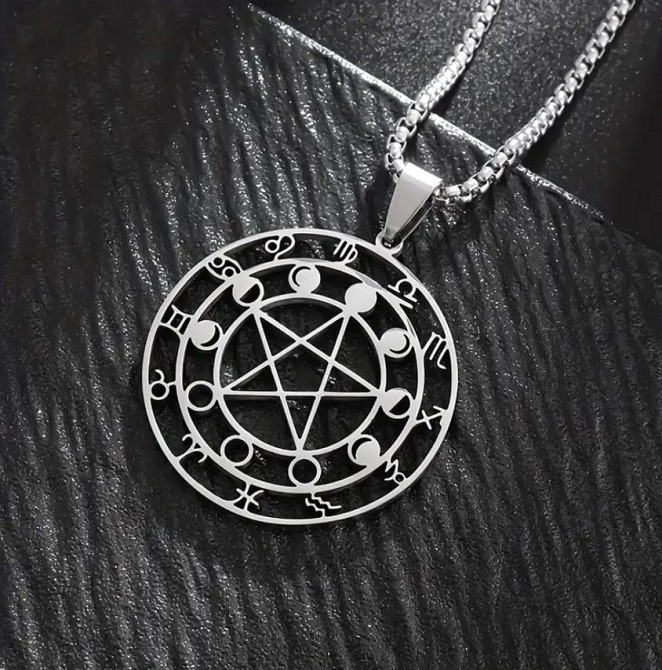 Подвеска с пентаграммой, лунными фазами и знаками зодиака — серебристый кулон с цепочкой Киев - изображение 4