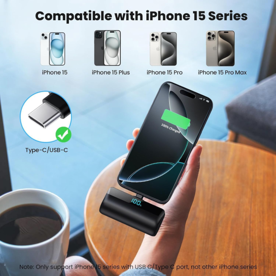Повербанк Pxwaxpy 5200 мА·ч для iPhone 15/16, USB-C PD, быстрая зарядка, мини Power Bank с LCD-дисплеем, черный Киев
