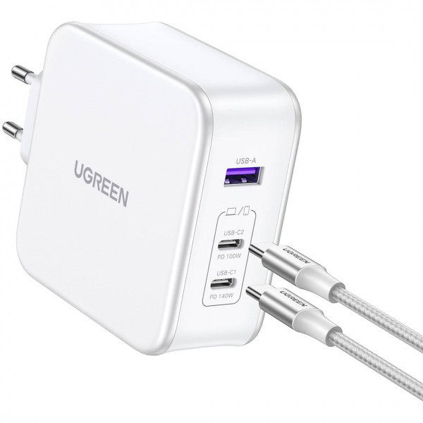 Зарядний пристрій 3xUSB 140W GaN (2хUSB-C+USB-A) CD289 with C to C Cable 1.5 м White Ugreen (15339) Киев - изображение 3