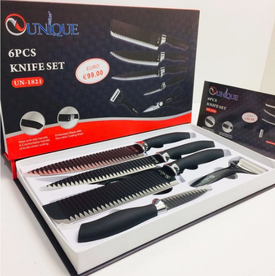 Набор ножей UNIQUE UN-1821 в подарочной коробке 6 предметов: поварской, хлебный, овощной нож, овощечистка, нож Одесса - изображение 2