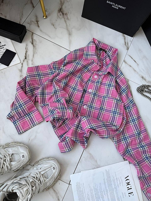 Женская стильная оверсайз рубашка в клетку фланель 100% коттон Розовый Одесса - изображение 4