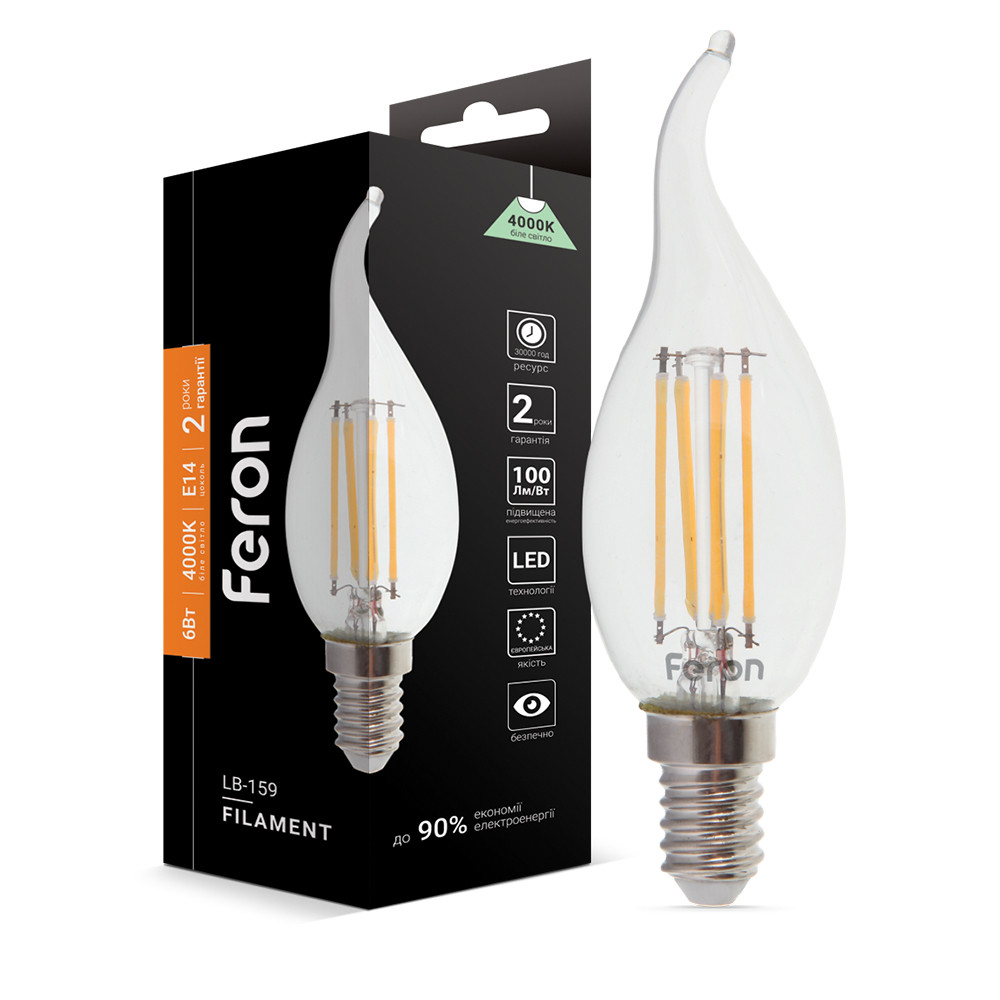 Світлодіодна лампа Feron Filament LB-159 6Вт E14 4000K свічка на вітрі Харьков - изображение 1