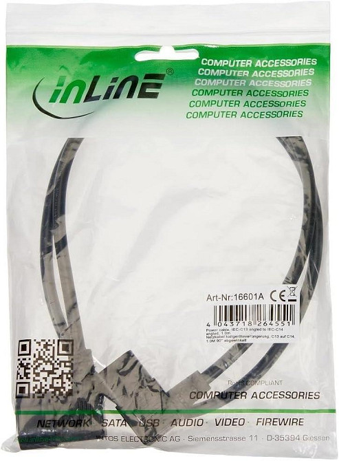 Кабель живлення InLine 16601 A C13-C14 чорний 1 м 90° кутовий шнур для підключення монітора/ПК Київ - фото 4