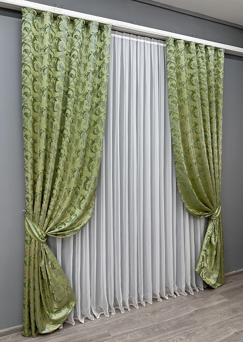 Комплект готовых штор VR-Textil Жаккард Завиток с люрексом № 1649ш Оливковый 145х270 см 2 шт (33-0531) Киев - изображение 3