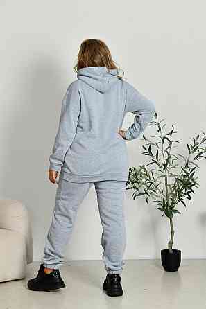 Жіночий прогулянковий костюм: худі та штани батал у спортивному стилі тринитка на флісі Сірий, 64/66 Одеса
