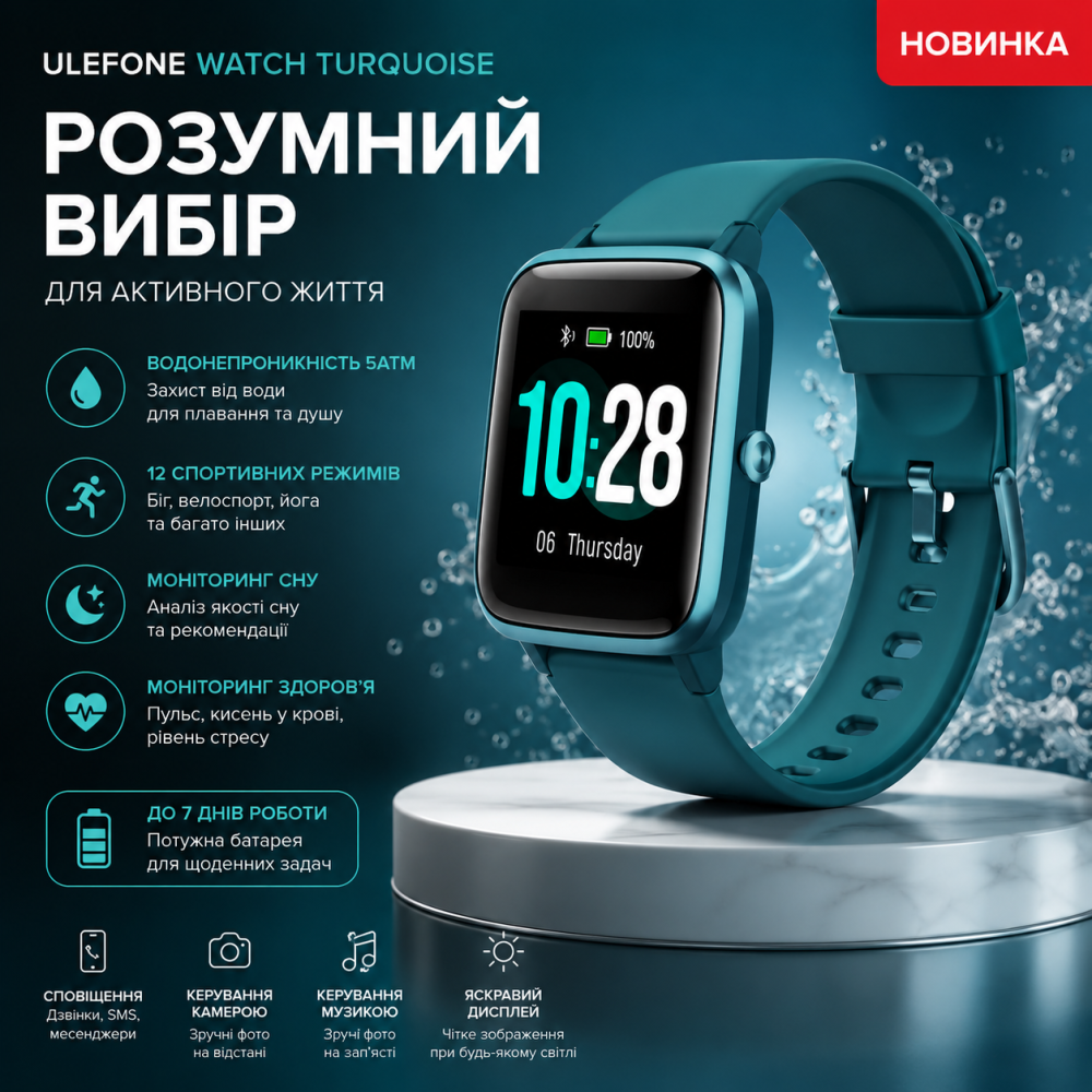 Уцінка: Смарт-годинник Ulefone Watch Turquoise: Водонепроникність 5ATM, 12 спортивних режимів, моніторинг сну Київ - фото 7