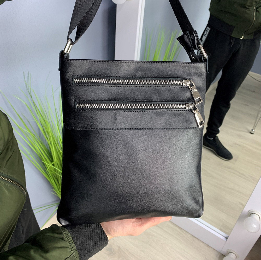 Чоловіча сумка через плече з натуральної шкіри каркасна містка з ременем, чорнаMasterSem Київ - фото 9