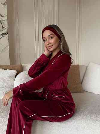 Жіноча затишна піжама: халат-кімоно, штани + пов'язка на голову велюр Бургунді, 42/44 Одеса