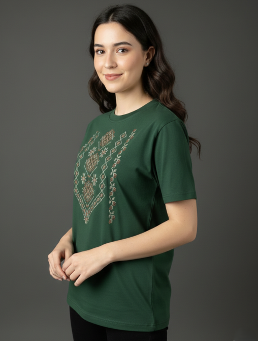 Жіноча Футболка вишиванка  жіноча з геометричним орнаментом в кольорі хакі Київ - фото 2