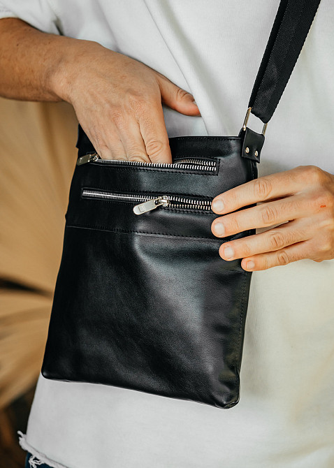 Мужская кожаная сумка, вместительная для документов из натуральной кожи, качественная черная сумка через Киев - изображение 2