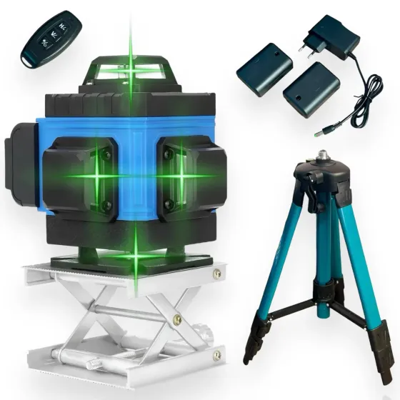 Лазерный 4D уровень аккумуляторный -2 АКБ, 16 линий, пульт ДУ, цифровой дисплей, штатив, полный набор для установки, пластиковый кейс Коломия