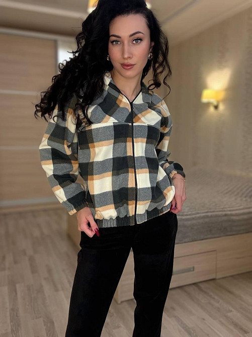 Женский прогулочный теплый костюм: кофта в клетку и штаны турецкий двусторонний флис Черный, 46/48 Одесса - изображение 3