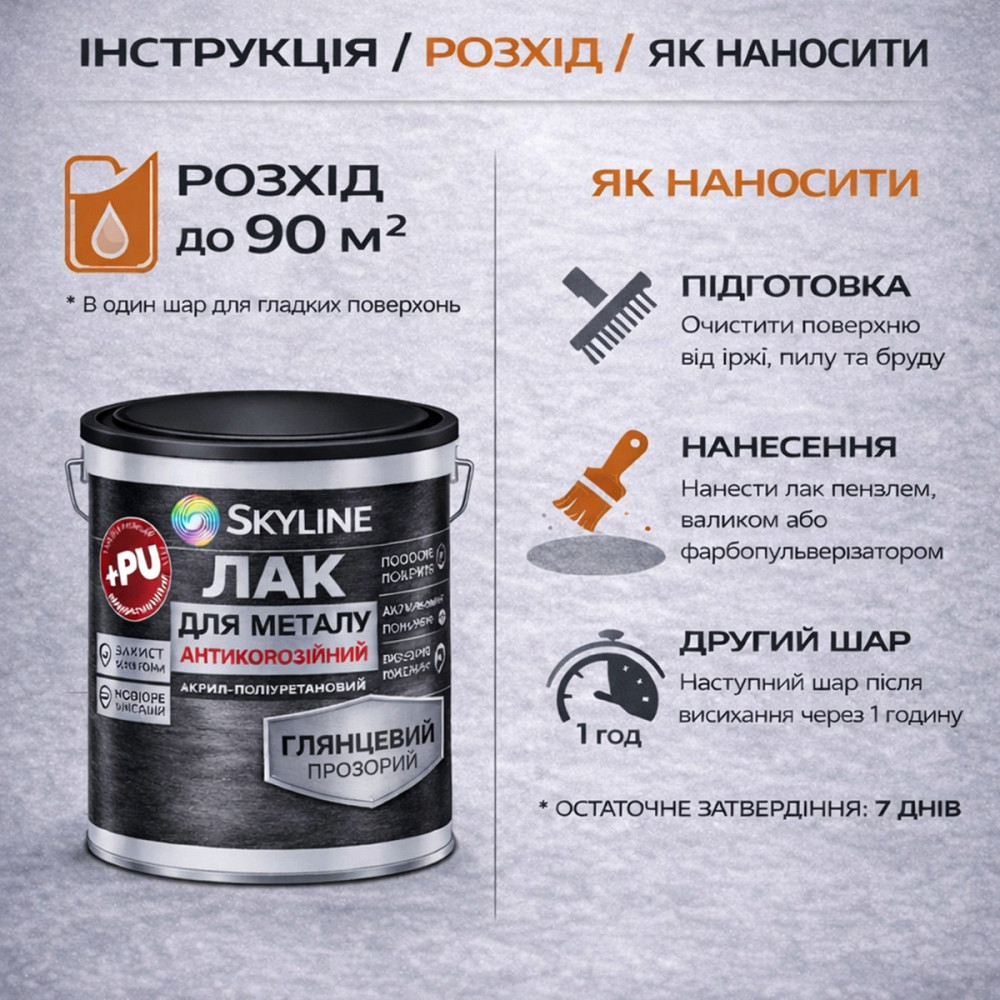 Лак для металу Skyline глянцевий прозорий акрил-поліуретановий антикорозійний без запаху 10 л Харків - фото 7