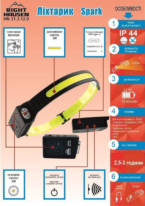 Ліхтар RIGHT HAUSEN HN-313120 налобний 3W Харків - фото 3