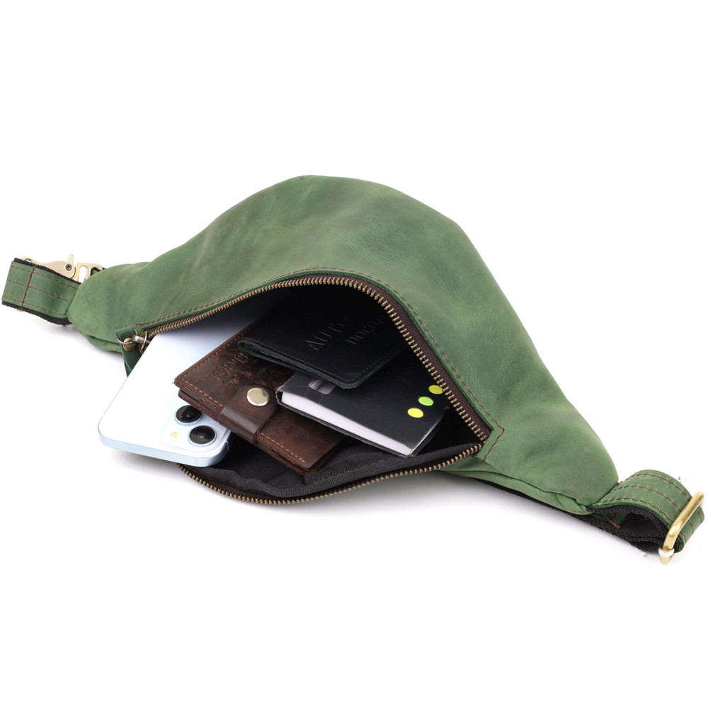 Стильная мужская бананка отменного качества из винтажной натуральной кожи Shvigel 23142 Зеленый Киев - изображение 4