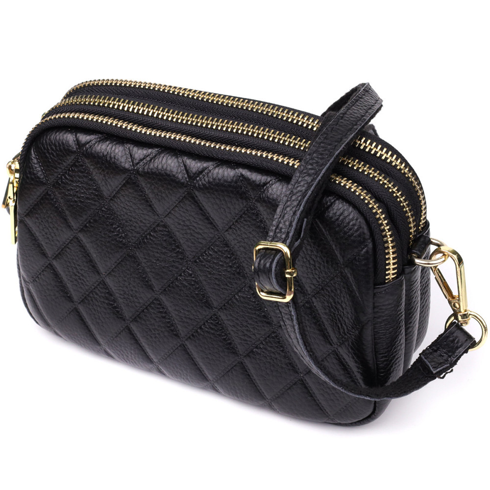 Сумка з натуральної шкіри з трьома відділеннями для жінок Vintage 22890 Чорний Київ - фото 1