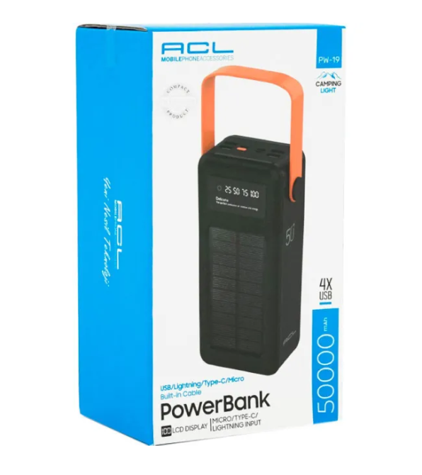 Універсальна зарядна батарея ACL PW-19 50000mAh + сонячна панель + ліхтарик (Чорний) Вінниця - фото 7