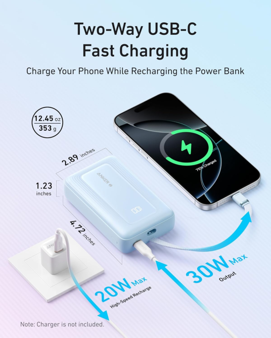 Повербанк Anker Zolo 20000 мАч 30 Вт, быстрая зарядка USB-C, встроенный кабель, ActiveShield 2.0, черный Киев - изображение 6