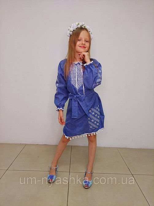 Дитяча сукня-вишинка вишите плаття "Джинс-помпони" на зріст 104-158 Кривий Ріг - фото 8